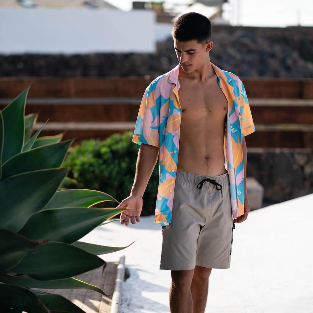 Seay / Camicia Hawaiana Rosa Blu Foglie Banano I Più Venduti