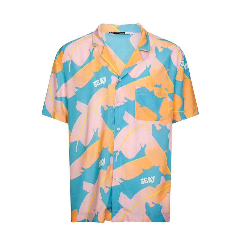 Seay / Camicia Hawaiana Rosa Blu Foglie Banano I Più Venduti