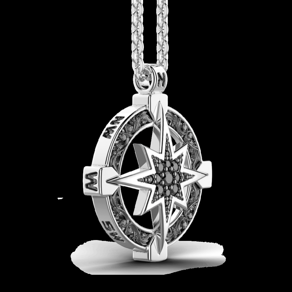 Zancan Collana Zancan in argento con pendente a rosa dei venti e pietre nere In Vendita